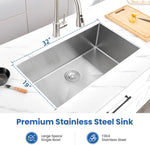 ZUN 32" L X 19" W Undermount Single Bowl 18 Gauge 304 Stainless Steel Kitchen Sink With Sink Grid W1225P250658