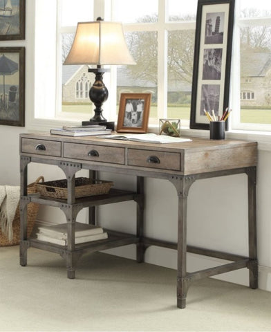 ZUN Weathered Oak and Antique Silver 3-Drawer Writing Desk B062P215483