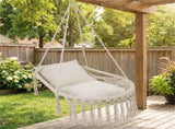 Beige Boho Macrame Hanging Swing Chair with 2 Padded Cushions, 330LBS Capacity Hammock Chair for 25444551
