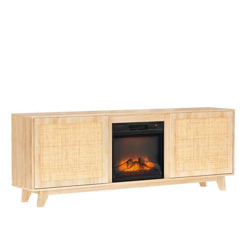 70" Oak Finish Low-Profile Fireplace TV Stand with 2 Doors & Rattan Front for 18" Insert 27336735