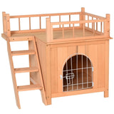 ZUN Natural Wood 2-Level Wooden Cat House with Lockable Wire Door 15770241