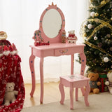 ZUN Kids Vanity Table and Chair Set, Girls Vanity with Mirror & Stool, Cute Unicorn Design, Pretend Play 34860797