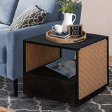 ZUN 21 Inch Handcrafted Acacia Wood Side Table Nightstand, Woven Jute Side Panels, Brown, Black B05671903