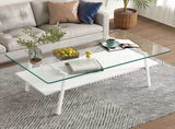 Rectangle Coffee Table, Tempered Glass Tabletop with White Metal Legs, Modern Table for Living Room W241126032