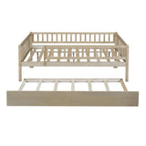 Full Size Wood Daybed with Trundle and Fence Guardrails, Natural WF301863AAN