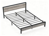Queen Size Metal Wood Platform Bed Frame, 3-Panel Wash Grey Wood Grain Headboard with LED Light & 15630263
