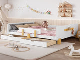 Full Size Platform Bed with Storage Drawers, Solid Wood Beds Frame with Bed Guardrail, Small Shelf, W1580P373244