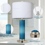 ZUN Set of 2 Table Lamps for Living Room, Blue Glass Bedroom Lamp for Bedside with USB C+A Charging T3146P272367