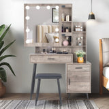 ZUN FCH Particleboard Triamine Veneer Iron Legs 2 Drawers 1 Door 2 Shelves Mirror Cabinet 3 Light Bulbs 76174909