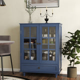 Minimalist Blue Buffet Cabinet with Double Glass Doors and Drawer, Modern Wooden Storage Sideboard W2557P307944