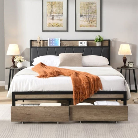 ZUN FULL Size Metal Platform Bed Frame with upholstery storage function Headboard and USB LINER and W2297P218177