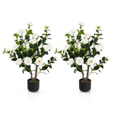 2 PCS 38 Inch Artificial Camellia Tree Faux Flower Plant in Cement White 79691312