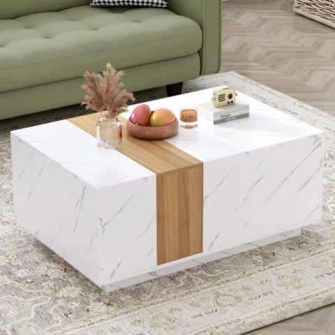 ZUN ON-TREND Modern 35.4 x 23.6 Inch Two-tone Coffee Table with Faux Marble and Walnut Wood Grain WF321209AAK