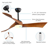 52 Inch Ceiling Fan With Dimmable 3 Color Led Light 3 Solid Wood Blades Remote Control Reversible DC W882P254266