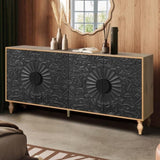 ZUN Black Carved Symmetrical Design Door And Wood Coloured Frame For TV Stand Table,Living Room W1445P164172