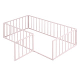 Twin Size Metal Floor Bed Frame with Fence and Door, Pink MF307108AAH