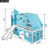 Twin Size Loft Bed with Slide Blue Tent and Tower - Blue WF532005AAC