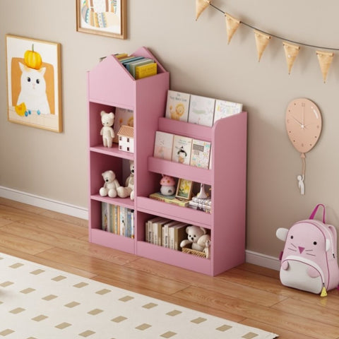 ZUN Pink Kids Wooden Bookshelf Toy Storage Organizer with Bookcase, Kid's Bin Storage Unit with 6 W2876P233556