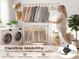 Extendable Double Rod Metal Clothing Rack with Wheels, Adjustable Height Garment Rack 14665782