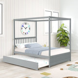 Full Size Canopy Bed with Twin Trundle, Kids Solid Wood Platform Bed Frame w/ Headboard, No Box W69740998