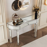 47" Half-Moon Mirrored Console Table with Fluted Glass & Crystal Knob Drawer - Silver Entryway W1445P322849