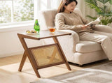 Boho End Table, 2-Tier Side Table with Tempered Glass Top & Rattan Basket, Natural Wicker 50518151