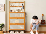 Shoe Cabinet with 3 Rattan Flip Drawers, Bamboo Storage Cabinet with Coat Hooks, Freestanding W2641P381049