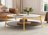 Modern Round Walnut 2-Tiered Coffee Table with Glass Top and Gold Base for Living Room, 29.9" N735P350390D