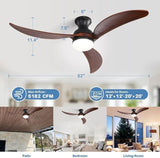 52 Inch Modern Ceiling Fan With 3 Color Dimmable Solid Wood Blades Remote Control Reversible DC W934P152322