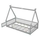 Twin Tent-shaped Floor Bed, with Guardrails, Slats, Door ,Grey W504119500