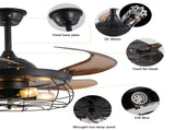 48" Black Remote Control Ceiling Fan Light Industrial 4-Blade Fan with Cage Design and Adjustable W1340P272387