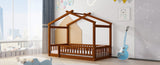 Twin Size Wood Bed House Bed Frame with Fence, for Kids, Teens, Girls, Boys, Walnut WF302176AAL