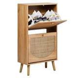 2-Tilt Shoe Cabinet with Arched Rattan Surface, MDF with Triamine, 54*24*98cm, Natural Wood Color 18952730