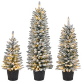 ZUN Set of 3 Pre-lit Xmas Trees with Pot Stands, 3/4/5 FT Snow Flocked Artificial Christmas Trees with 53610875