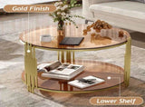 Modern Brown Glass Coffee Table, Asymmetrical Metal, Circular Metal Drum Base, Gold Finish & Lower N735P177478D