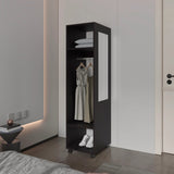 ZUN Black 3-Shelf Wardrobe with Mirror and Open Storage B062P227647