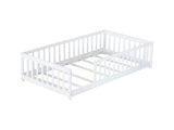 Twin Size Floor Bed with Fence without Door, Rubber Wood Floor Bed with Safety Guardrails,White W504P296795