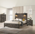 ZUN 1pc Rustic Style Butcher Block Finish Weathered Brown Finish Queen Size Bed w/ Lamp Wooden Bedroom B011P230851