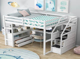 Full Size Loft Bed with Desk and Shelves, Two Built-in Drawers, Storage Staircase, White 48024197
