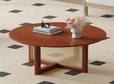 A natural and elegant deep red wooden coffee table with artificial rattan decorations, perfect for a W1151140563