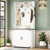 ON-TREND Farmhouse 4-in-1 Hall Tree with Barn Doors, Movable Bench with 7 Hanging Hooks and Shoe N721P205788K