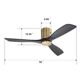 ZUN Indoor 52 Inch Ceiling Fan Without Light 3 Solid Wood Fan Blade Noiseless Reversible Dc Motor Remote W934P145931