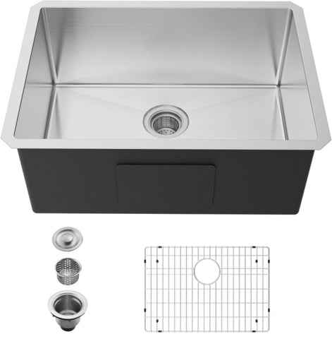 ZUN 27" L X 18" W Undermount Single Bowl 16 Gauge 304 Stainless Steel Kitchen Sink With Sink Grid W1225P250596