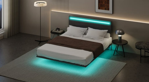 ZUN Modern Upholstered Floating Bed Frame with LED Lights, Vertical Channel Design Velvet Fabric Bed, No N701P234043E