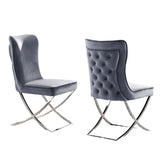 ZUN Glam Gray Velvet 2pcs Side Chairs Button-Tufted Chrome Frame Upholstered Dining Chairs Furniture Set B011P208972