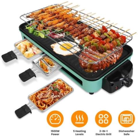 ZUN 1500W Electric Indoor Grill 2 in 1 Electric BBQ Gill with Grill Net Removable Plate 5 Temperature 90269749