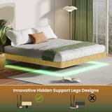 Oak King Floating Bed Frame with LED Lights, Wave Curve Wood Texture Bed with Heavy Duty Metal Slats W1820P333577