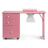 Nail Desk Folding Table, Pink MDF Manicure Station w/ 2 Drawers & 1 Door Cabinet for Nail Art Salon 58463404
