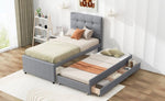 ZUN Twin Size Upholstered Platform Bed with Pull-out Twin Size Trundle and 3 Drawers, Gray 92951328