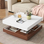 ZUN ON-TREND Modern Square 360&deg;Rotating Coffee Table with Three Detachable Tray, 2-Tier Farmhouse Wood N721P191981K